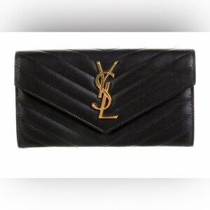 Yves Saint Laurent Black Monogram Chevron Envelope Leather Wallet